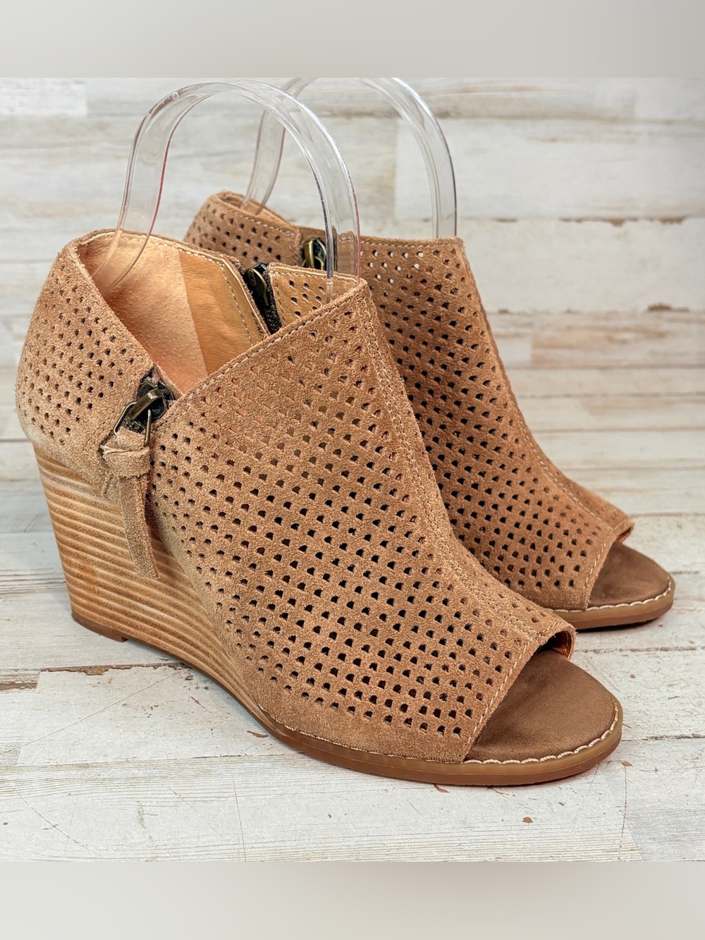 Lucky Women's Size 6.5 Suede Wedge Peep Toe Sandal Ankle Booties Side Zip